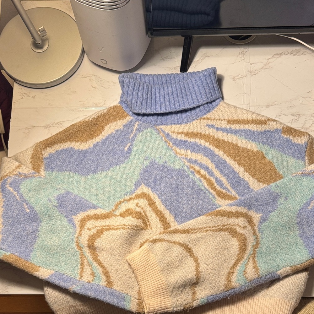 Bershka Blue and Cream Turtle Neck Sweater